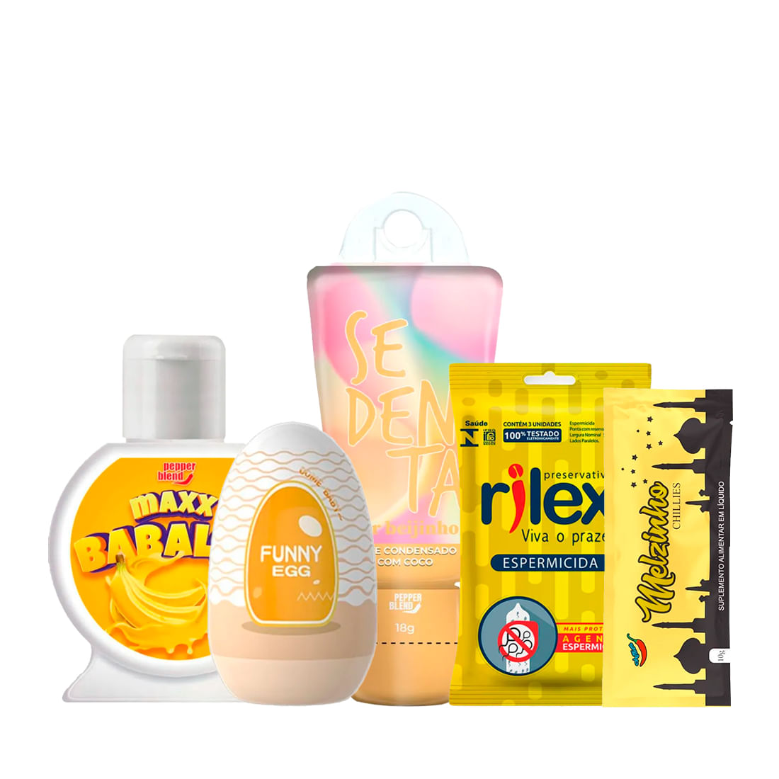 Kit com Maxx Babaloo Funny Egg Sedenta por Beijinho Preservativo Lubrificado e Melzinho Árabe